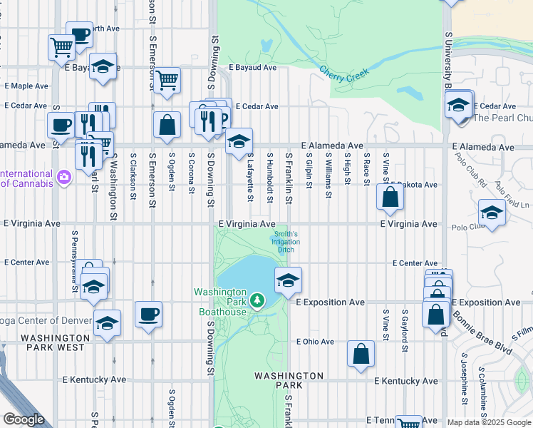 map of restaurants, bars, coffee shops, grocery stores, and more near 477 South Humboldt Street in Denver