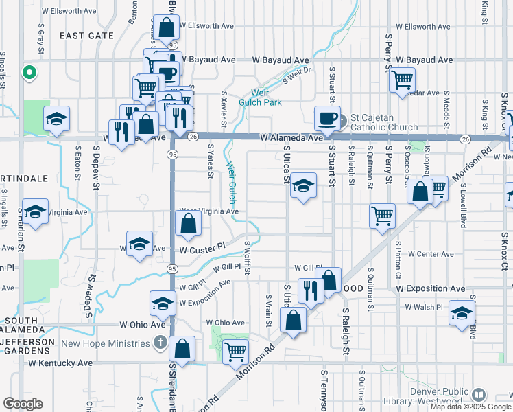 map of restaurants, bars, coffee shops, grocery stores, and more near 4664 West Virginia Avenue in Denver