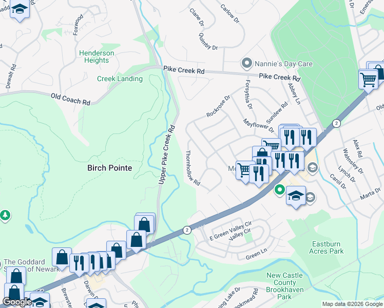 map of restaurants, bars, coffee shops, grocery stores, and more near 13 Thornhollow Road in Newark