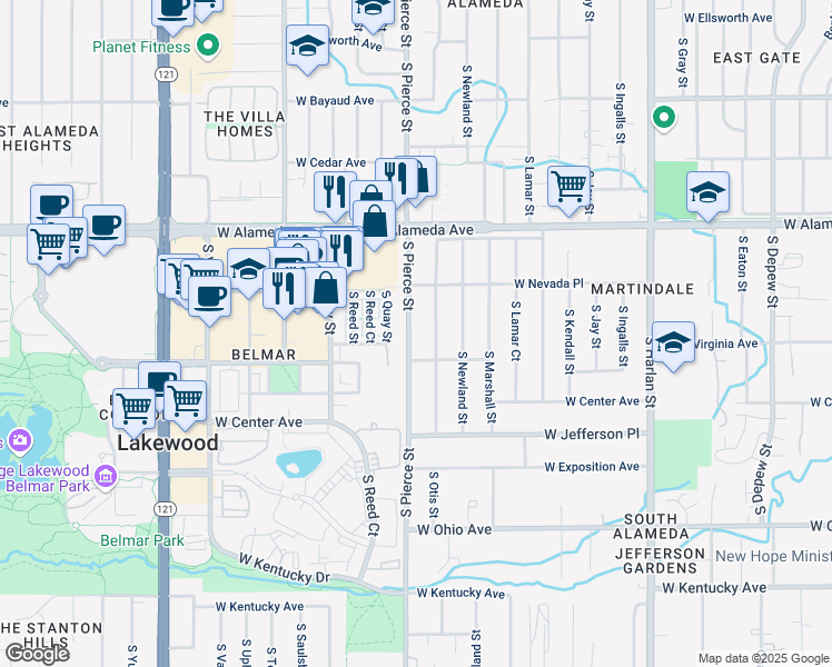 map of restaurants, bars, coffee shops, grocery stores, and more near 460 South Pierce Street in Lakewood