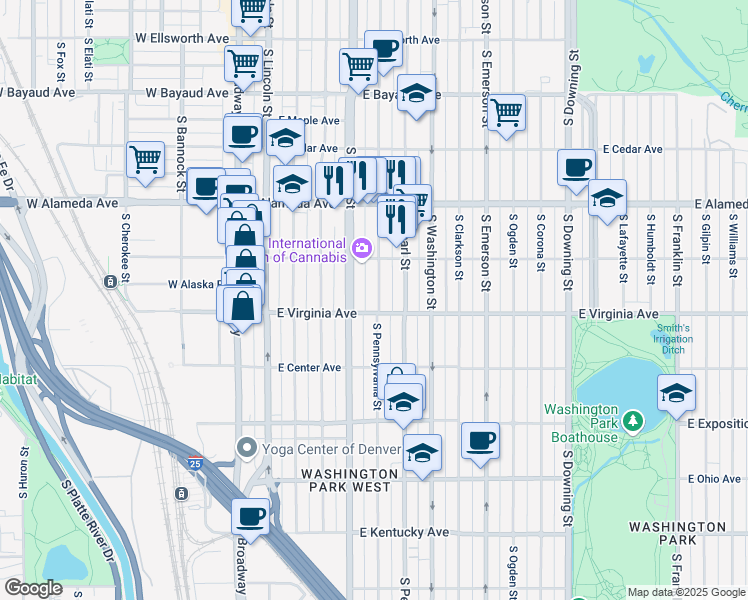 map of restaurants, bars, coffee shops, grocery stores, and more near 473 South Pennsylvania Street in Denver