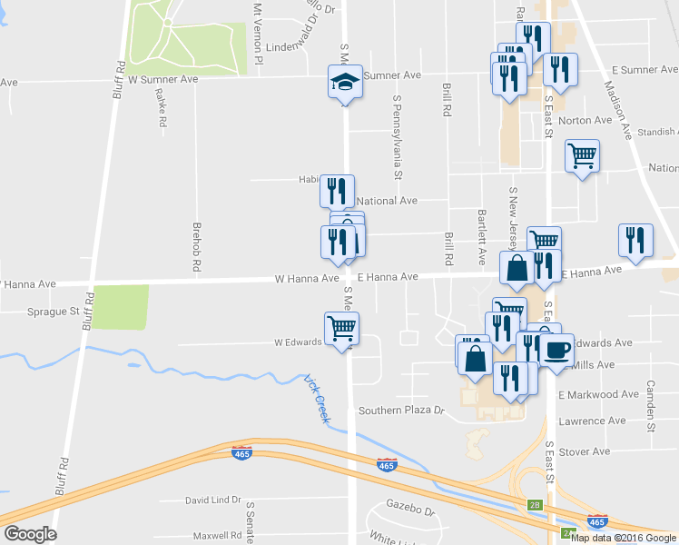 map of restaurants, bars, coffee shops, grocery stores, and more near 3960 South Meridian Street in Indianapolis