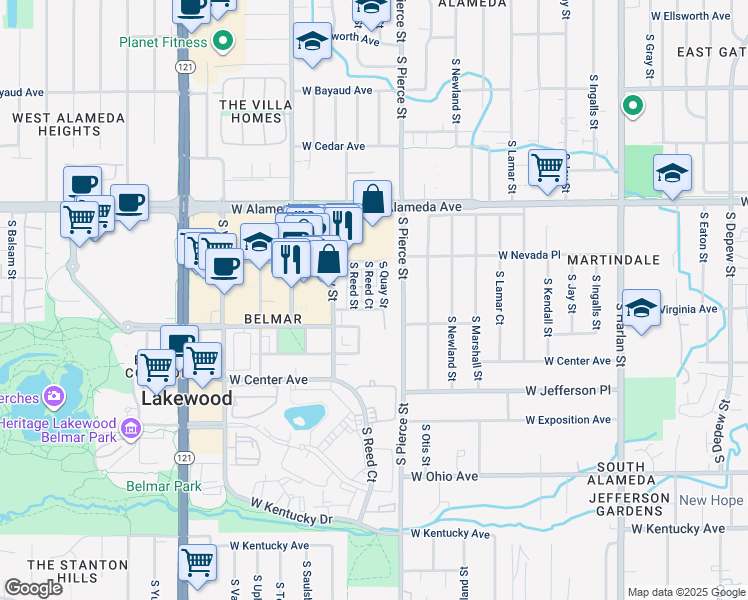 map of restaurants, bars, coffee shops, grocery stores, and more near 472 South Reed Court in Lakewood