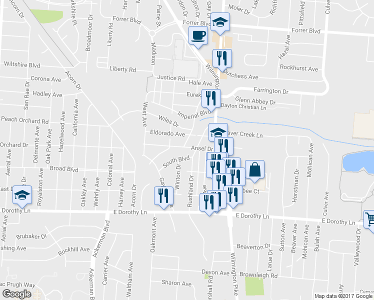 map of restaurants, bars, coffee shops, grocery stores, and more near 1132 Ansel Drive in Dayton