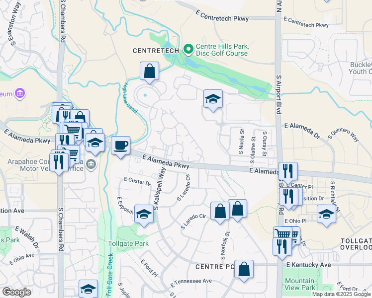 map of restaurants, bars, coffee shops, grocery stores, and more near 16103 East Alaska Place in Aurora
