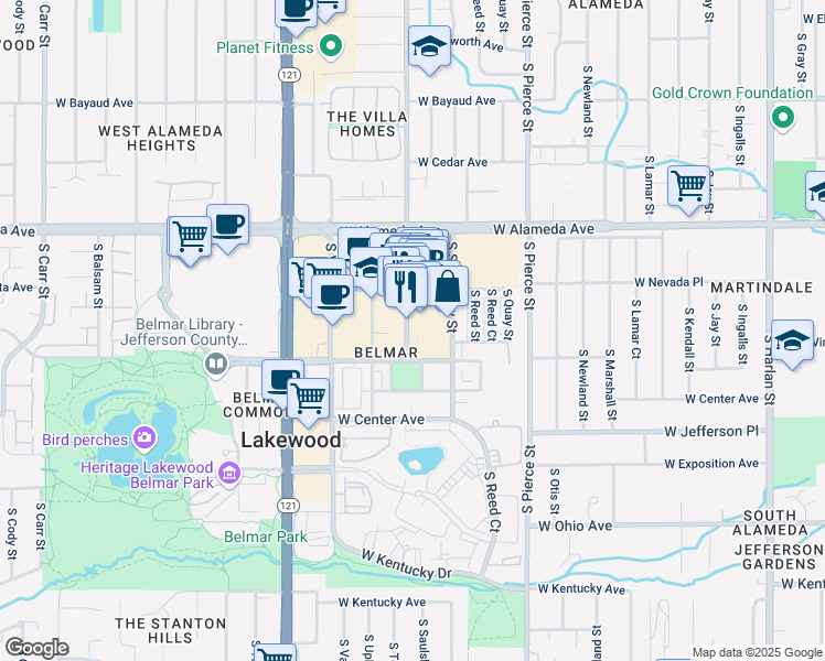 map of restaurants, bars, coffee shops, grocery stores, and more near 470 South Teller Street in Lakewood