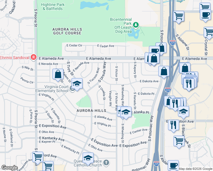 map of restaurants, bars, coffee shops, grocery stores, and more near 13106 E Dakota Ave in Aurora