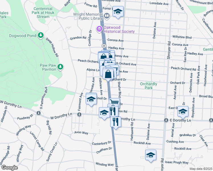 map of restaurants, bars, coffee shops, grocery stores, and more near 2537 Far Hills Avenue in Dayton