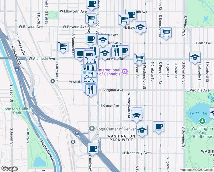 map of restaurants, bars, coffee shops, grocery stores, and more near 470 South Sherman Street in Denver