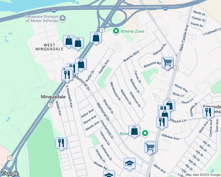 map of restaurants, bars, coffee shops, grocery stores, and more near 408 Morehouse Drive in Wilmington