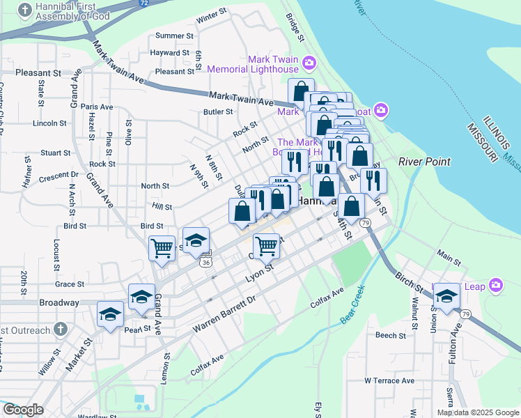 map of restaurants, bars, coffee shops, grocery stores, and more near 719 Center Street in Hannibal