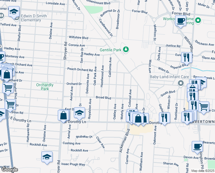 map of restaurants, bars, coffee shops, grocery stores, and more near 2701 California Avenue in Kettering