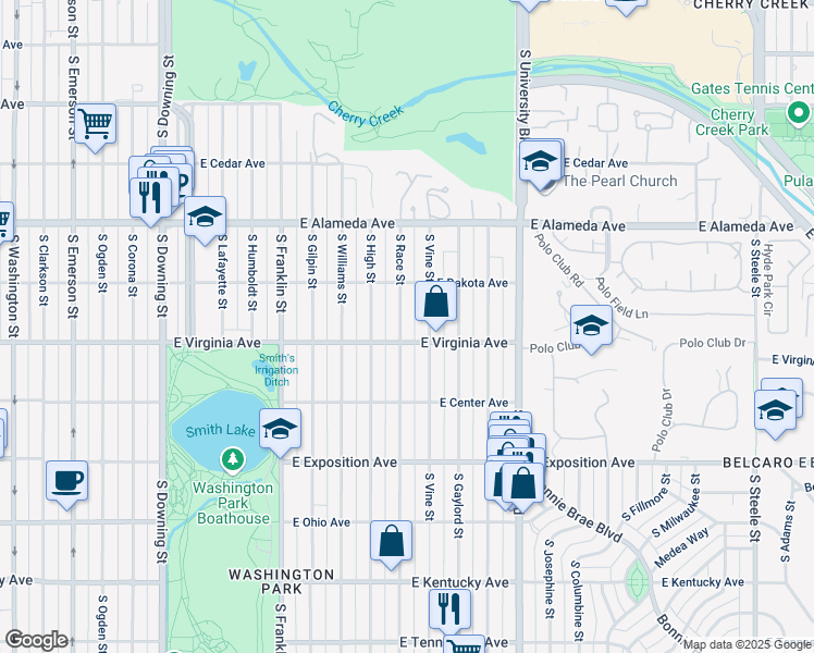 map of restaurants, bars, coffee shops, grocery stores, and more near 472 South Race Street in Denver
