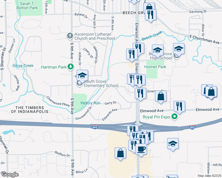map of restaurants, bars, coffee shops, grocery stores, and more near 405 Grovewood Drive in Beech Grove