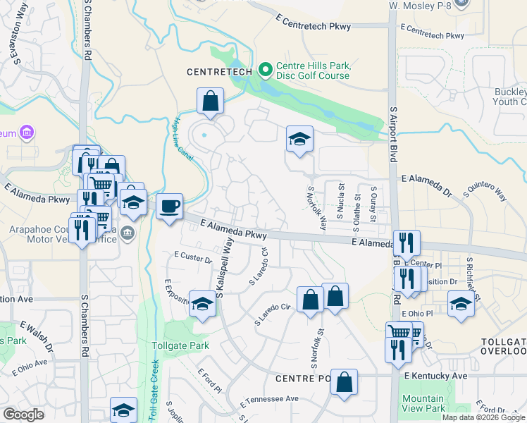 map of restaurants, bars, coffee shops, grocery stores, and more near 467 South Memphis Way in Aurora