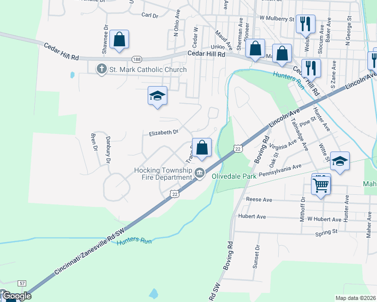 map of restaurants, bars, coffee shops, grocery stores, and more near 233 Trace Drive in Lancaster