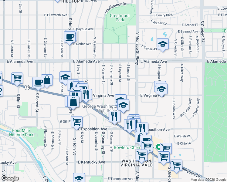 map of restaurants, bars, coffee shops, grocery stores, and more near 480 South Krameria Street in Denver