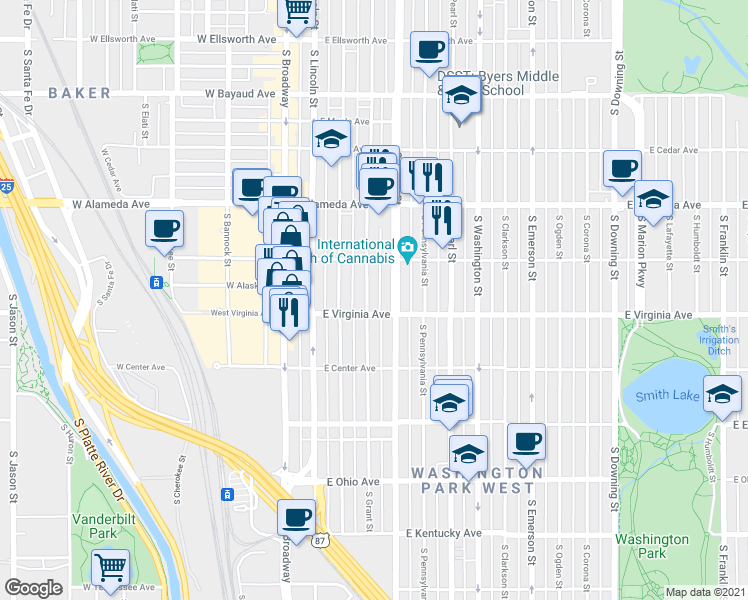map of restaurants, bars, coffee shops, grocery stores, and more near 466 S Grant St in Denver