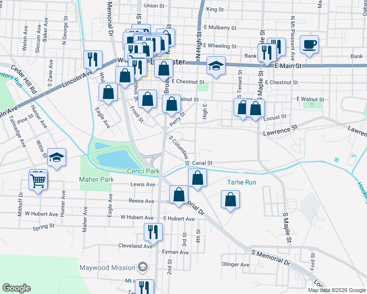 map of restaurants, bars, coffee shops, grocery stores, and more near 546 South Columbus Street in Lancaster