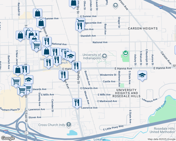 map of restaurants, bars, coffee shops, grocery stores, and more near 1215 East Hanna Avenue in Indianapolis