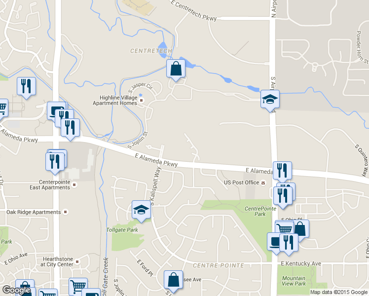 map of restaurants, bars, coffee shops, grocery stores, and more near 16103 East Alaska Place in Aurora