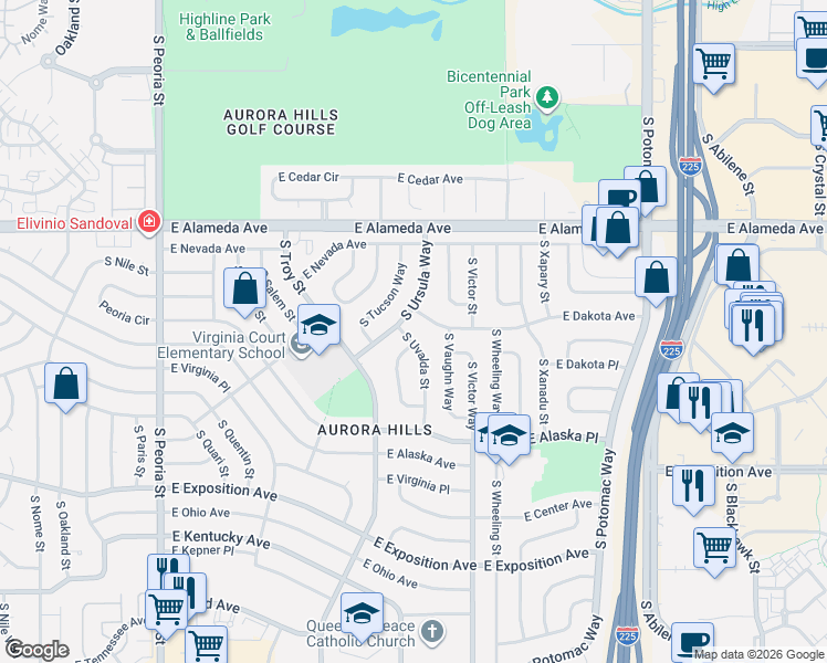 map of restaurants, bars, coffee shops, grocery stores, and more near 378 South Ursula Way in Aurora