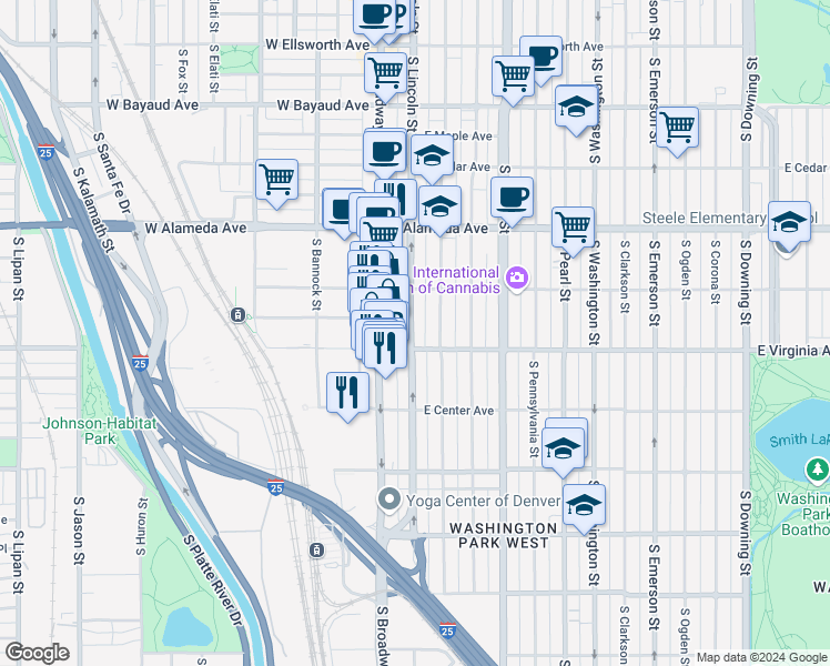 map of restaurants, bars, coffee shops, grocery stores, and more near 469 South Lincoln Street in Denver