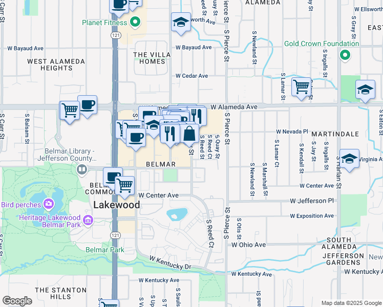 map of restaurants, bars, coffee shops, grocery stores, and more near 446 South Saulsbury Street in Lakewood