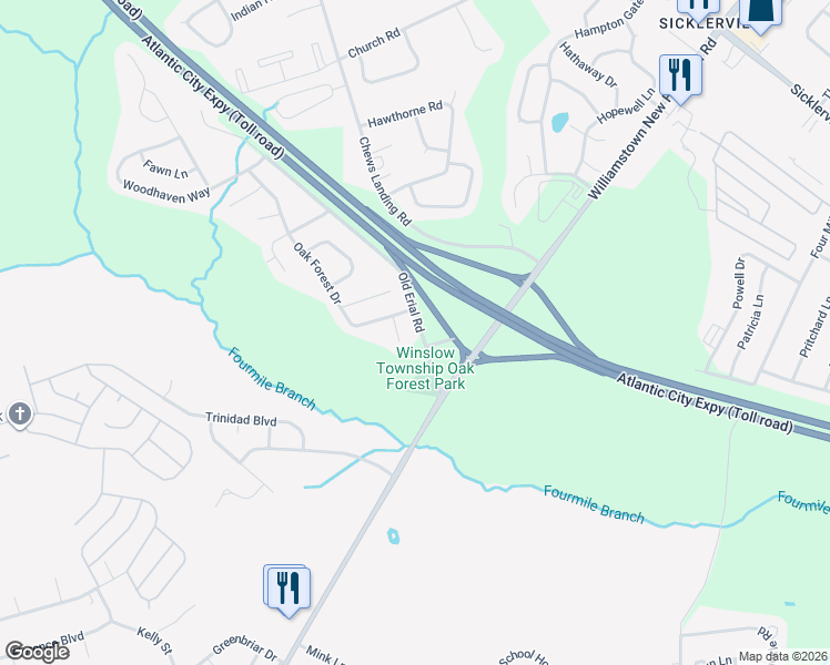 map of restaurants, bars, coffee shops, grocery stores, and more near 3 Cold Springs Court in Sicklerville