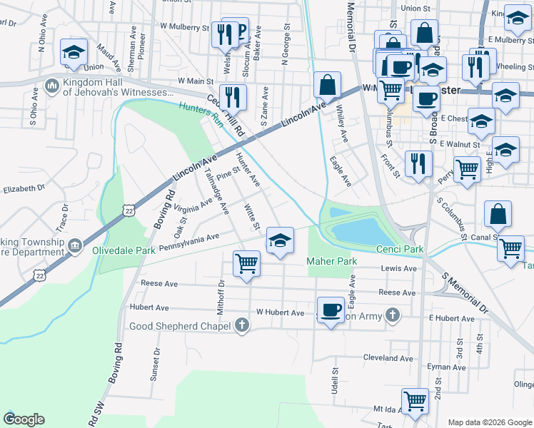 map of restaurants, bars, coffee shops, grocery stores, and more near 328 Witte Street in Lancaster