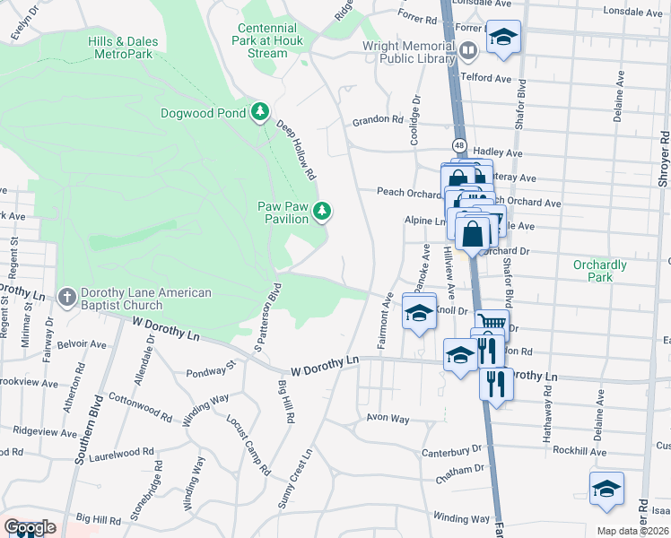 map of restaurants, bars, coffee shops, grocery stores, and more near 2200 Deep Hollow Road in Dayton