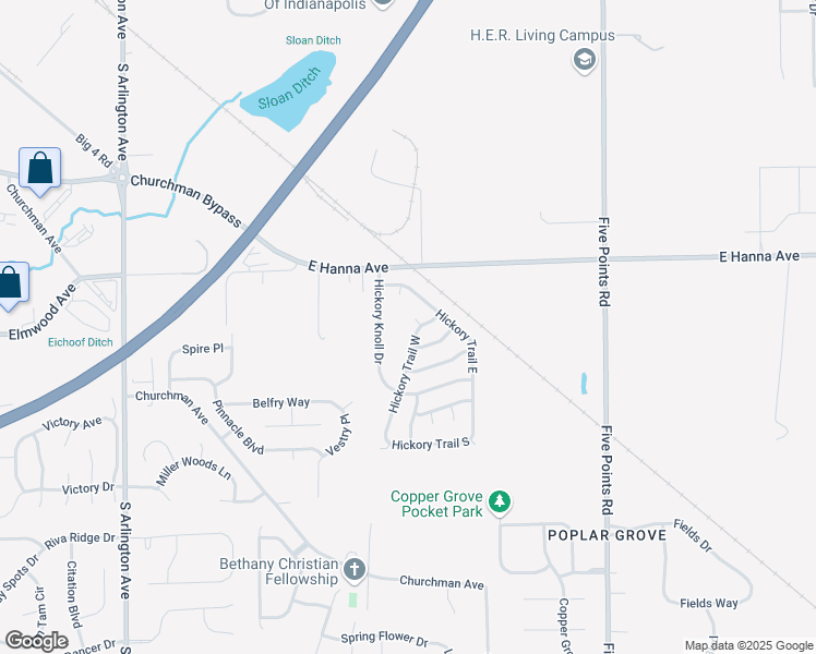 map of restaurants, bars, coffee shops, grocery stores, and more near 4115 Hickory Trail West in Indianapolis