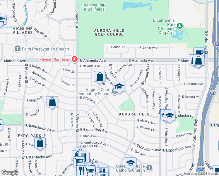 map of restaurants, bars, coffee shops, grocery stores, and more near 384 S Revere St in Aurora