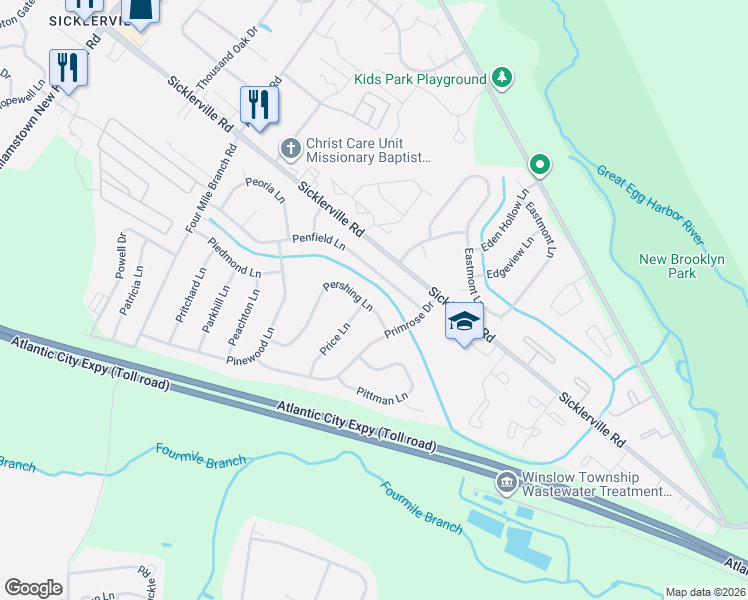 map of restaurants, bars, coffee shops, grocery stores, and more near 10 Pershing Lane in Sicklerville