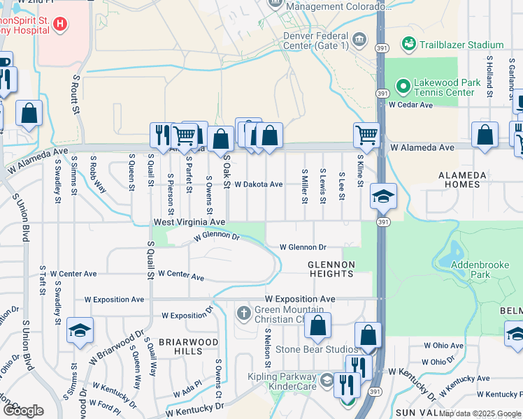 map of restaurants, bars, coffee shops, grocery stores, and more near 465 South Nelson Street in Lakewood