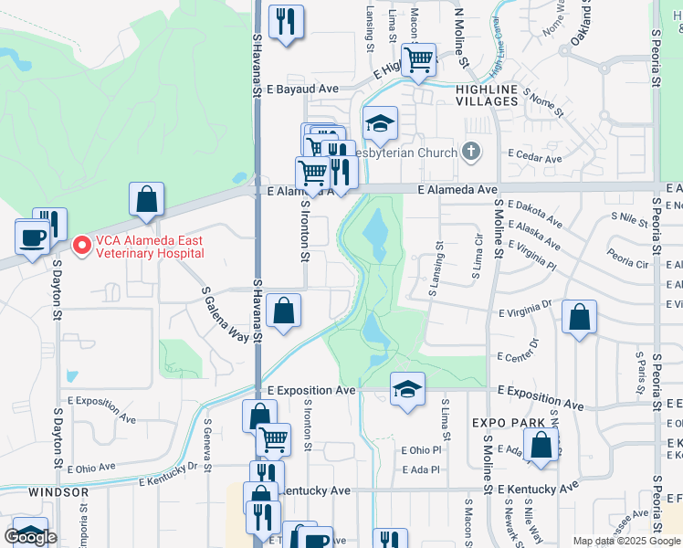 map of restaurants, bars, coffee shops, grocery stores, and more near 10779 East Virginia Avenue in Aurora