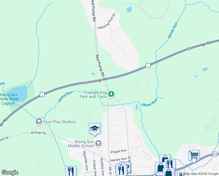 map of restaurants, bars, coffee shops, grocery stores, and more near 523 Mount Street in Rising Sun