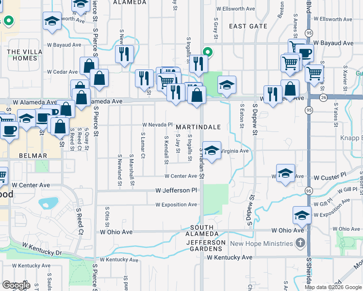 map of restaurants, bars, coffee shops, grocery stores, and more near 436 South Jay Street in Lakewood