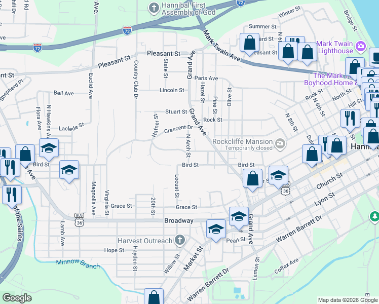 map of restaurants, bars, coffee shops, grocery stores, and more near 18 Ridgewood Drive in Hannibal