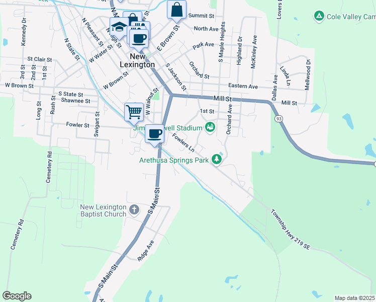 map of restaurants, bars, coffee shops, grocery stores, and more near 222 Fowlers Lane in New Lexington