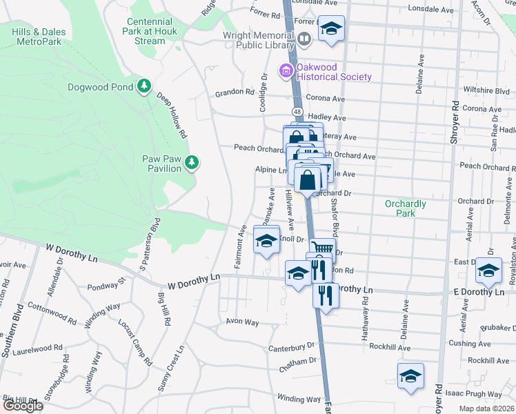 map of restaurants, bars, coffee shops, grocery stores, and more near 2530 Fairmont Avenue in Dayton