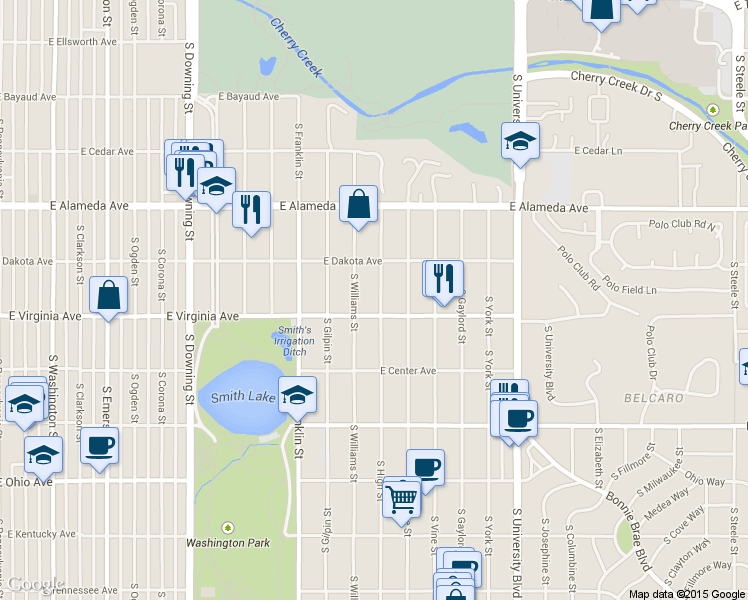 map of restaurants, bars, coffee shops, grocery stores, and more near 469 South High Street in Denver
