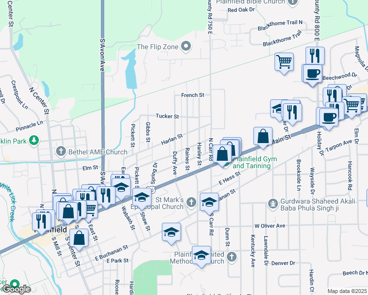 map of restaurants, bars, coffee shops, grocery stores, and more near 302 Raines Street in Plainfield