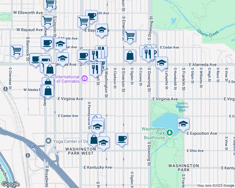 map of restaurants, bars, coffee shops, grocery stores, and more near 468 South Clarkson Street in Denver