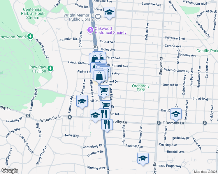 map of restaurants, bars, coffee shops, grocery stores, and more near 2515 Shafor Boulevard in Dayton