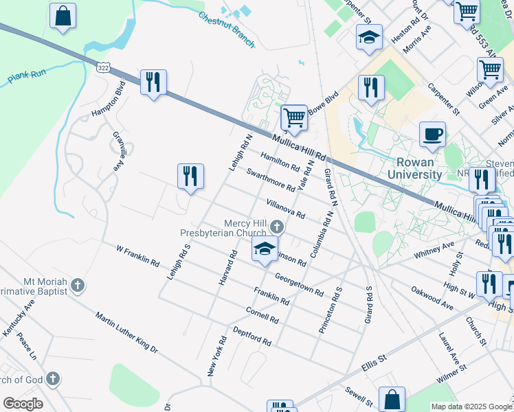 map of restaurants, bars, coffee shops, grocery stores, and more near 112 Harvard Road North in Glassboro