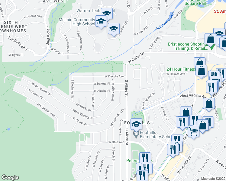 map of restaurants, bars, coffee shops, grocery stores, and more near W Virginia Dr & W Alaska Pl in Lakewood