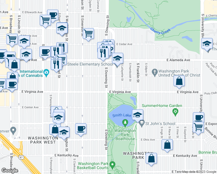 map of restaurants, bars, coffee shops, grocery stores, and more near 464 South Downing Street in Denver