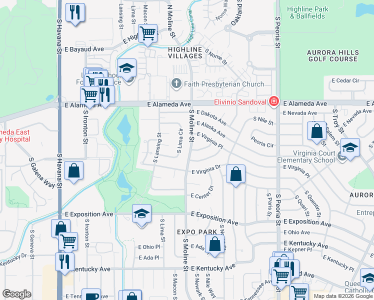 map of restaurants, bars, coffee shops, grocery stores, and more near 436 South Newark Way in Aurora