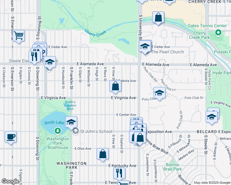 map of restaurants, bars, coffee shops, grocery stores, and more near 468 South Vine Street in Denver